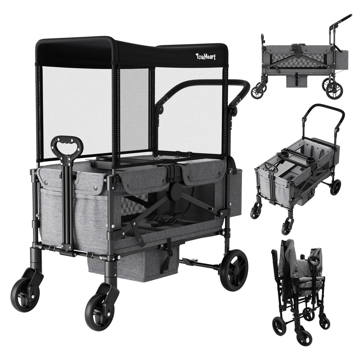 Grey foldable stroller wagon for kids with canopy and storage basket, shown from different angles