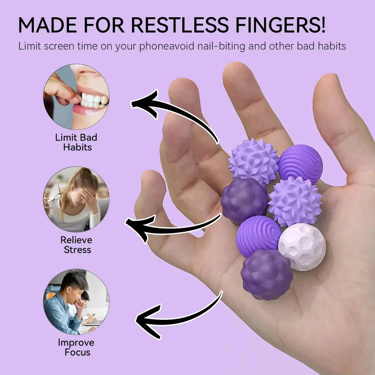 Hand holding sensory balls with circular insets showing people using them to relieve stress and improve focus.