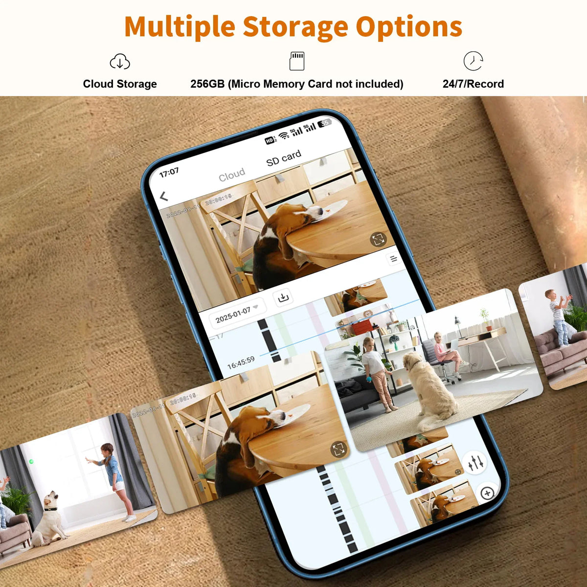 Indoor security camera mobile app interface showing cloud and SD card storage options