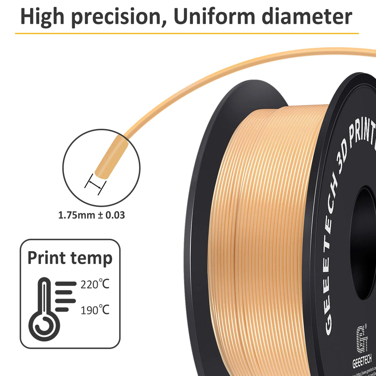 A spool of 3D printer filament with technical specifications and temperature settings overlay