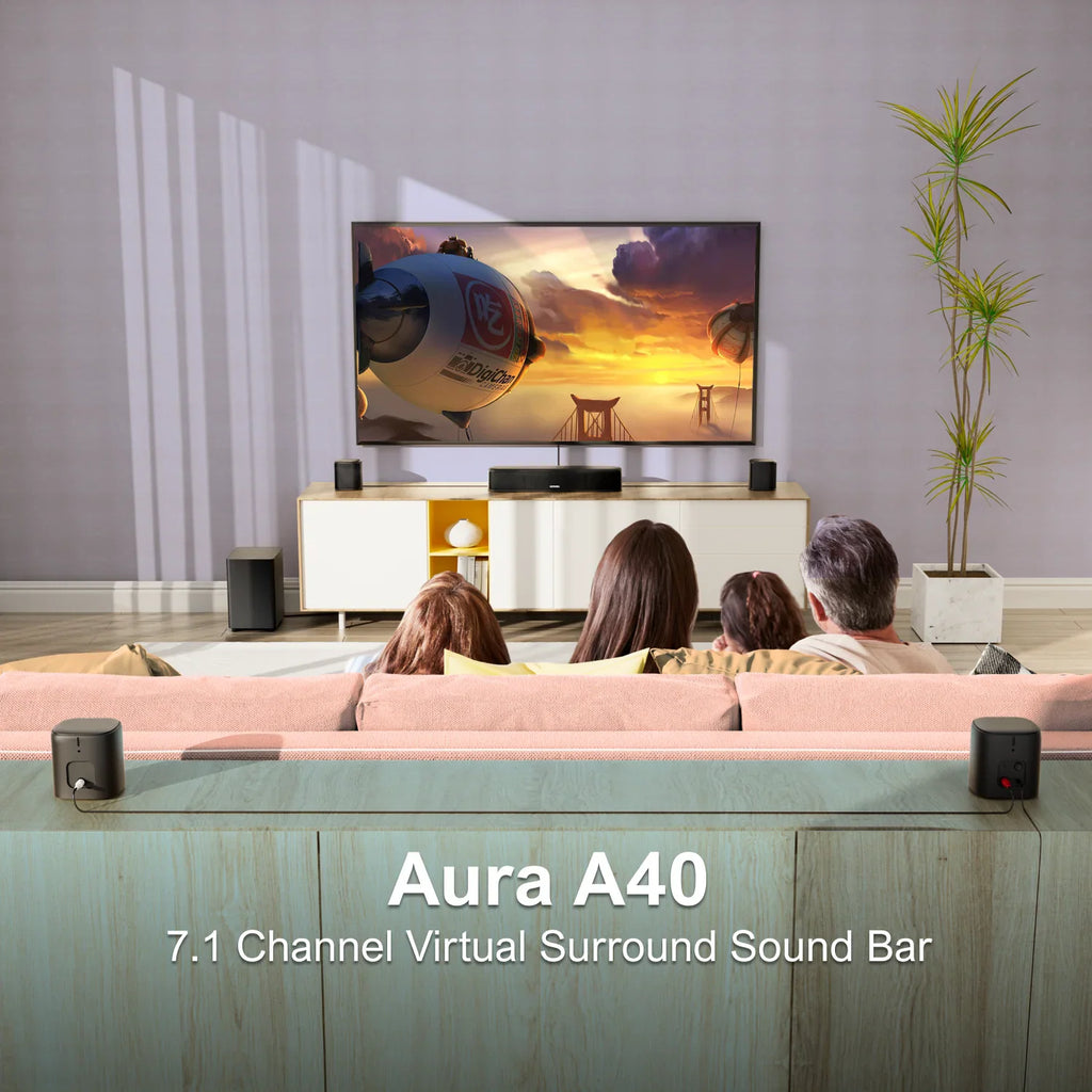 7.1 channel virtual surround soundbar system in a living room setup with people watching television