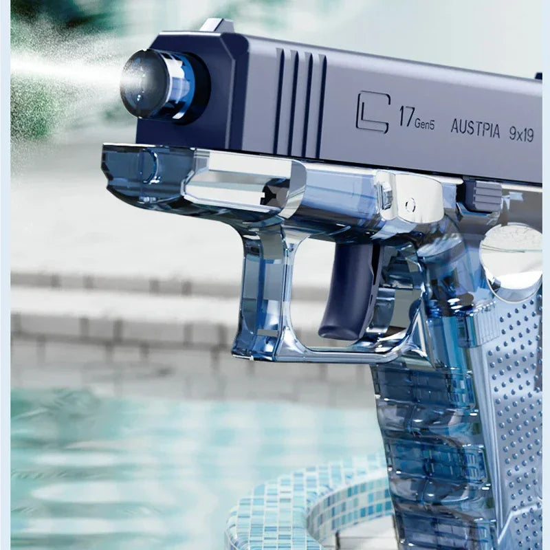 Blue transparent water pistol toy in a pool setting
