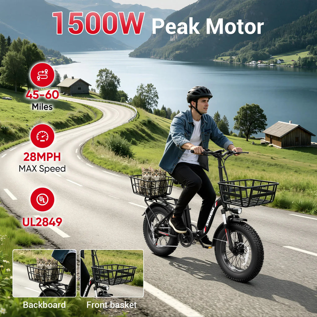 Man riding a black fat tire electric bike on a paved road by a lake, highlighting range, motor power and UL certification.