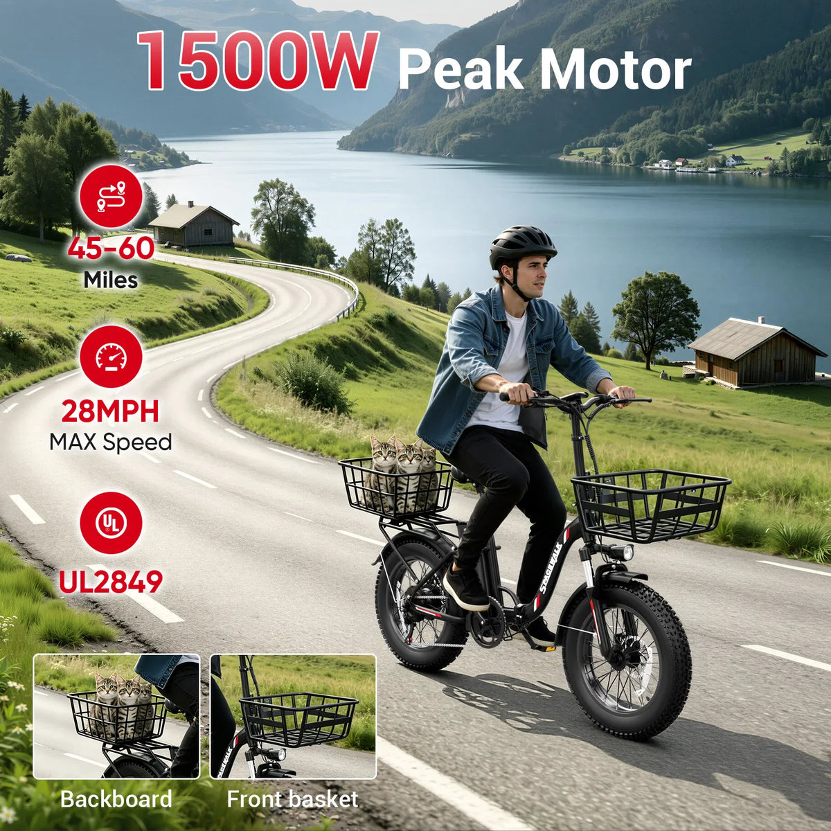 Man riding a black fat tire electric bike on a paved road by a lake, highlighting range, motor power and UL certification.