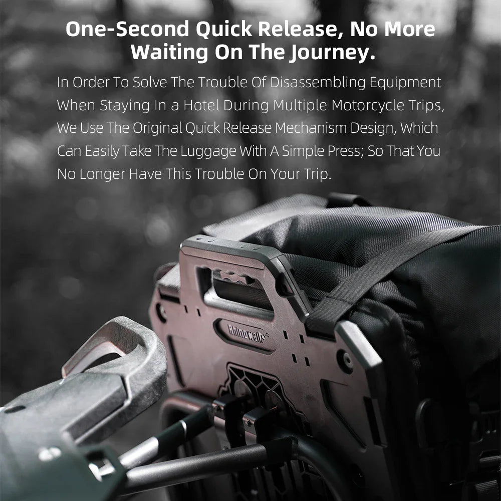Close-up of the quick-release mechanism on the back of a motorcycle side bag