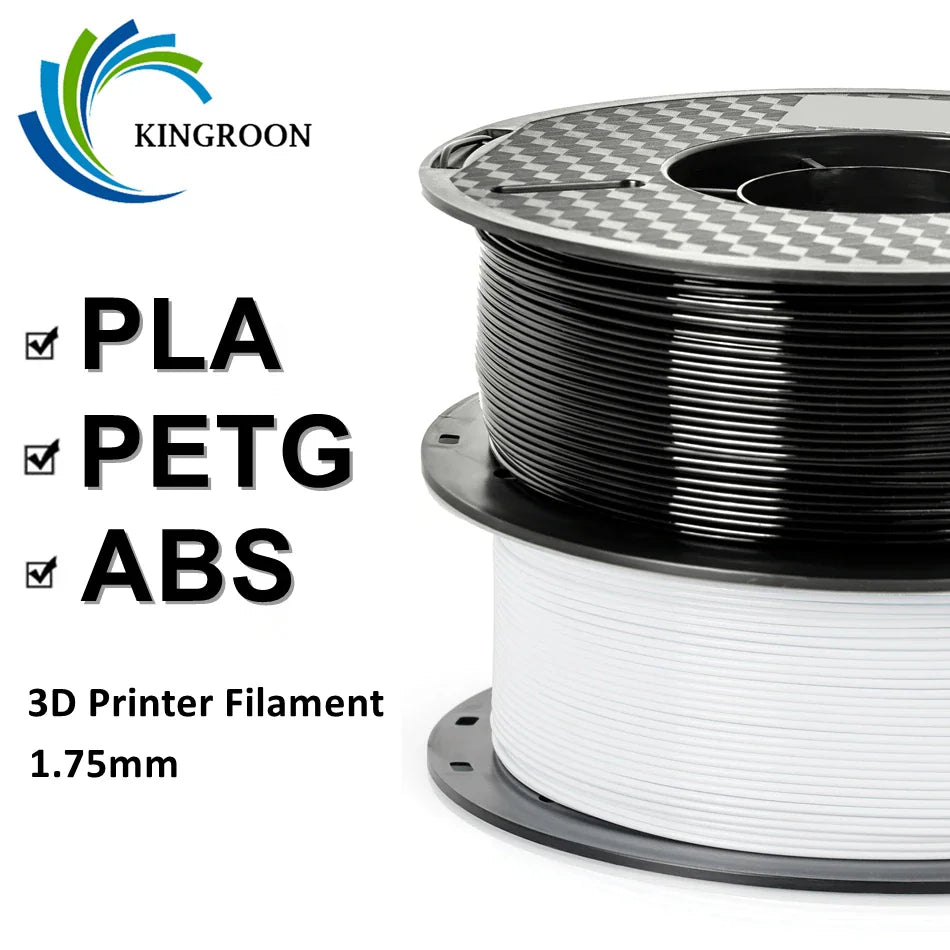 3D printer filament spools labeled PLA, PETG, and ABS with promotional checkmarks.