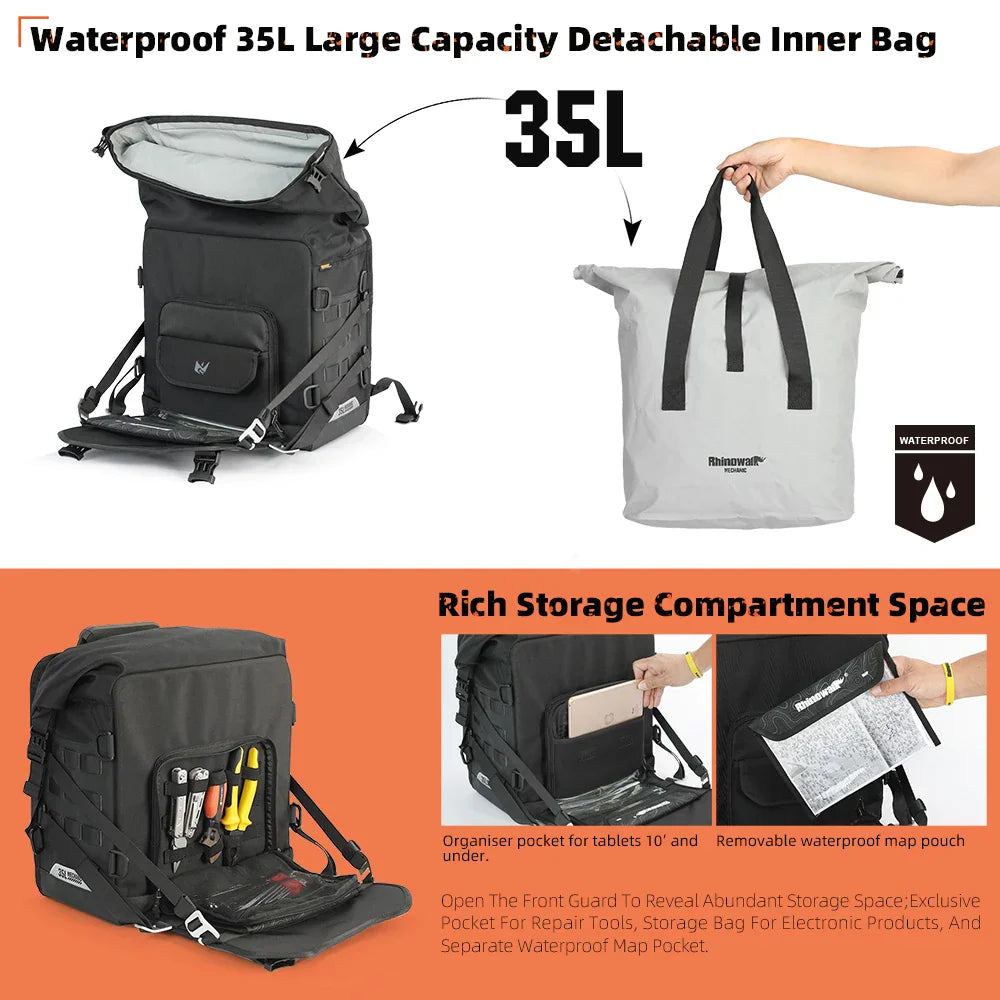 Waterproof motorcycle side bag showing internal waterproof liner and front storage compartment with tool organizers