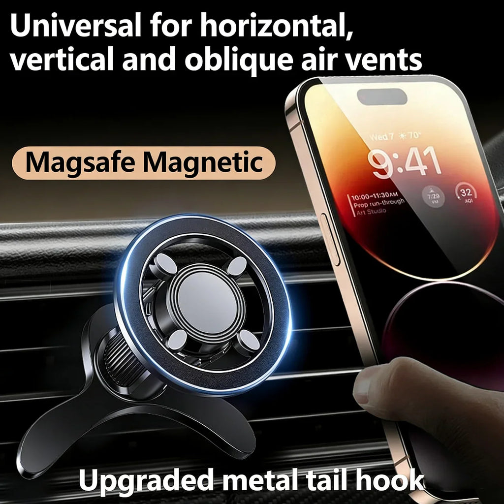 Magnetic car phone mount with a smartphone attached to an air vent