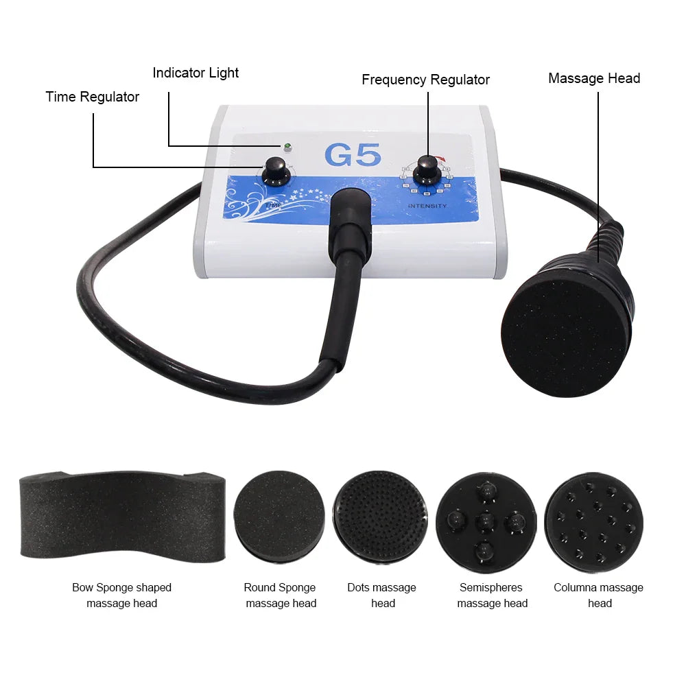 G5 vibrating body massage machine with labeled components and various massage heads