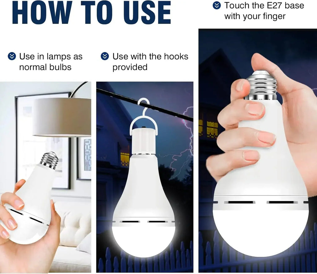 Instructions on how to use emergency rechargeable LED light bulbs with E27 base and hooks.