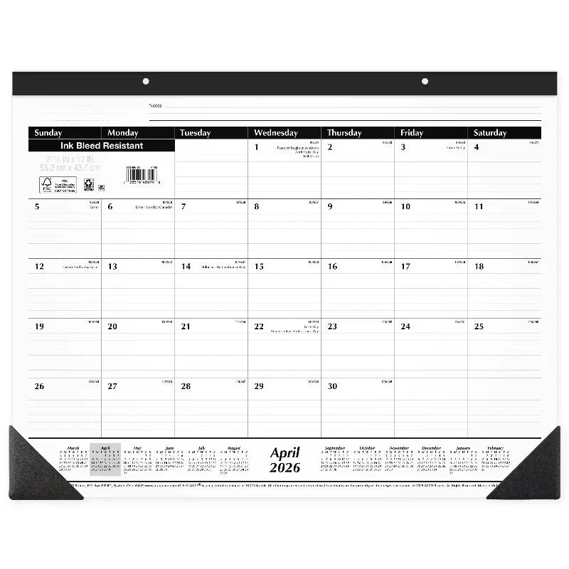 Large paper monthly desk pad calendar for April 2026 with black corner protectors