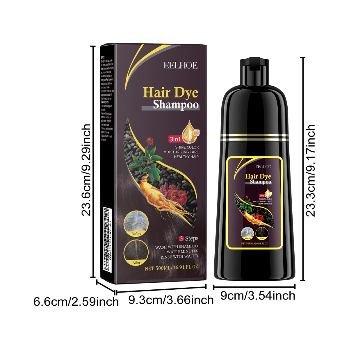Hair dye shampoo bottle and box with measurement dimensions displayed