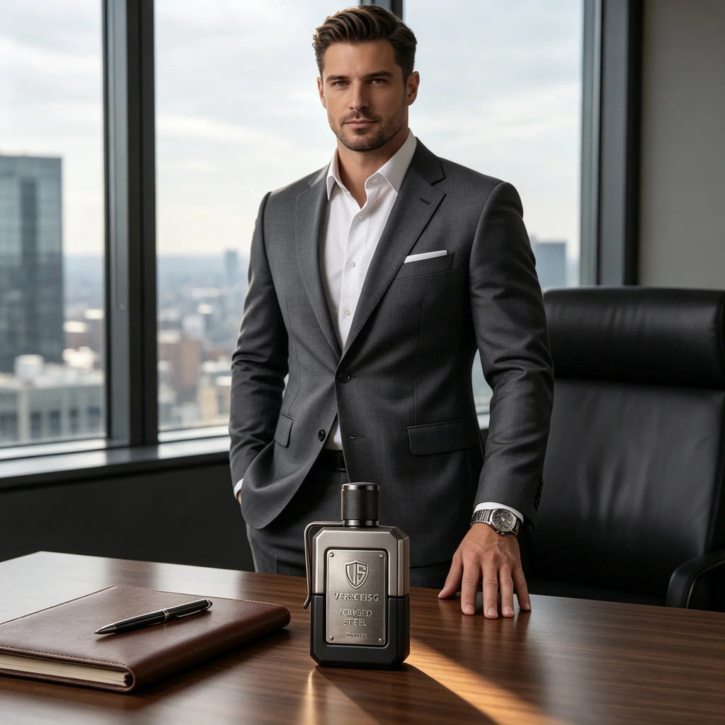 A well-dressed man in a suit standing in an office next to a bottle of men's cologne.