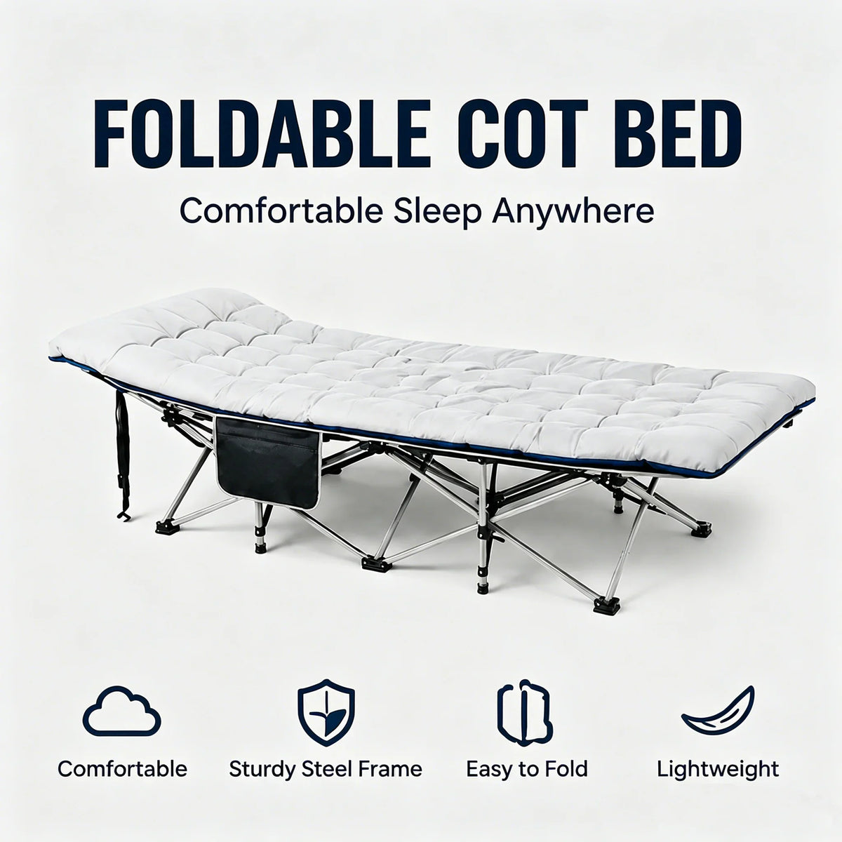 Foldable camping cot with grey padded mattress and side pocket against a plain white background.