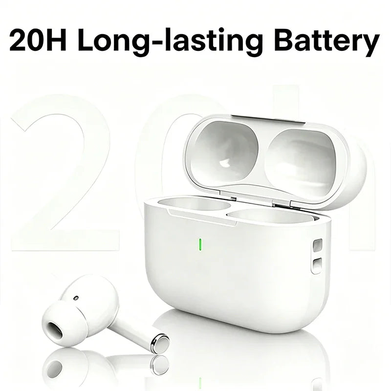 White wireless earbud and open charging case with indicator light