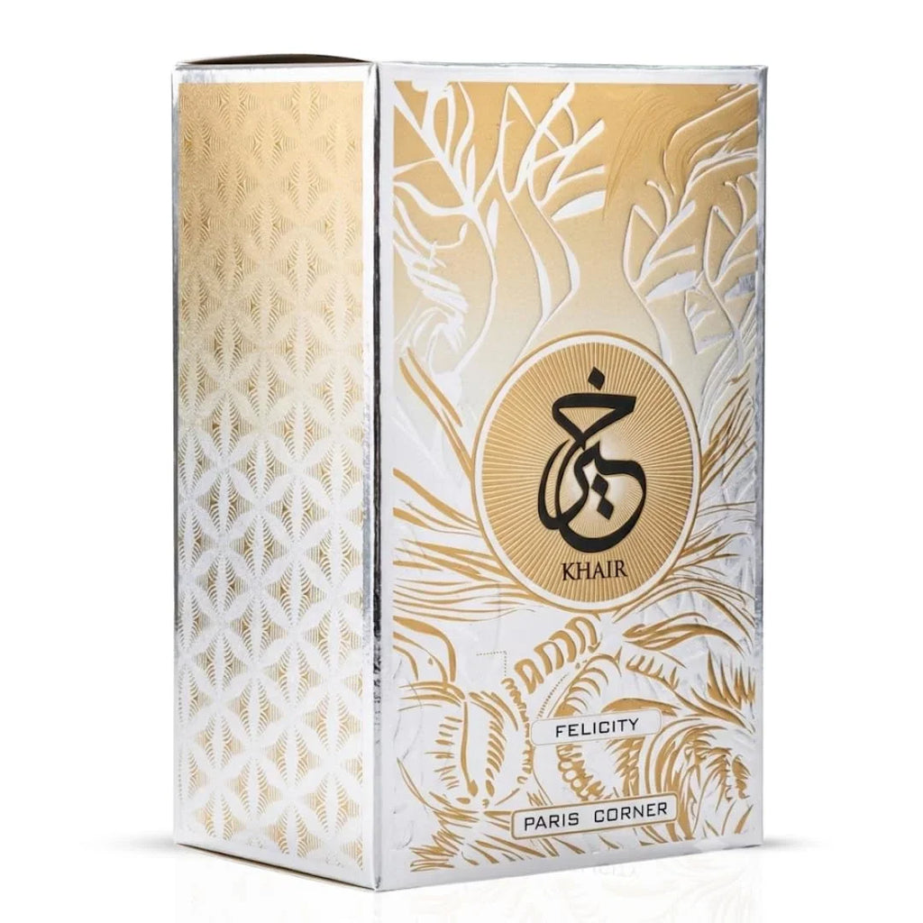 A rectangular white and gold perfume box packaging.
