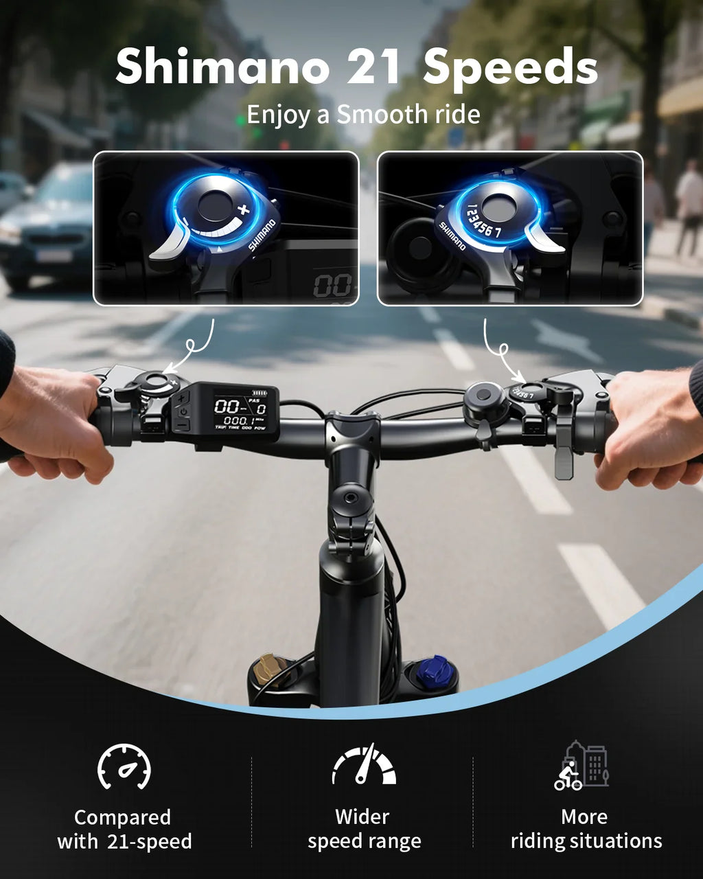 Close up of bicycle handlebars, gear shifter, and display screen with speed settings