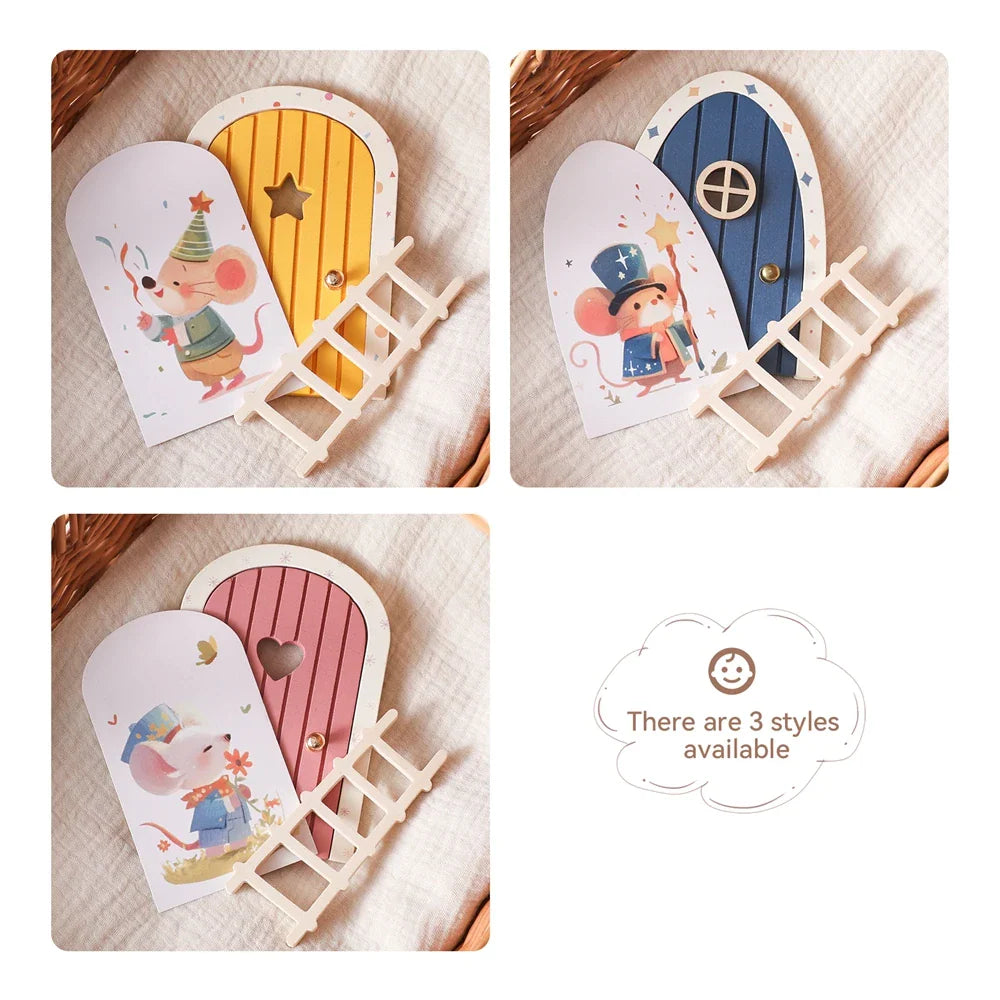 Three different styles of miniature wooden fairy doors with mice illustrations