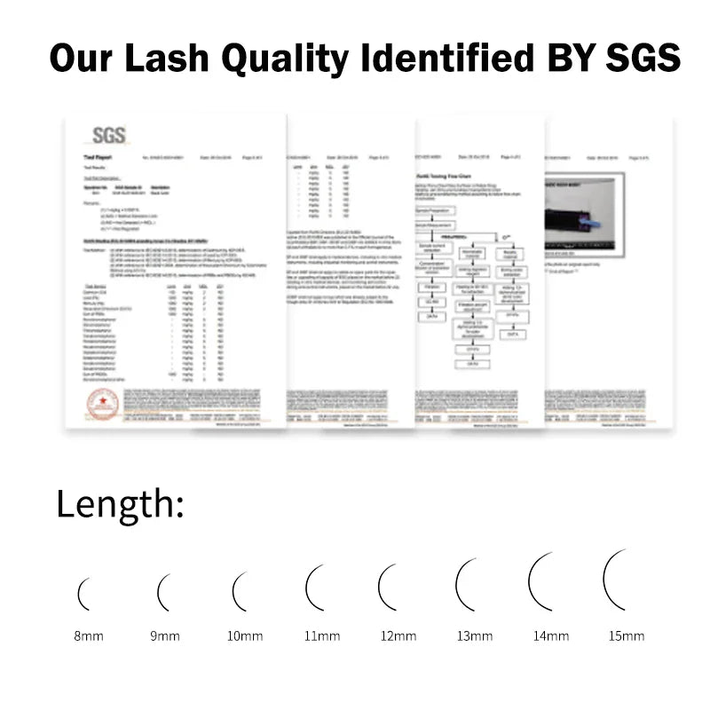 SGS quality certification documents and diagram of eyelash lengths