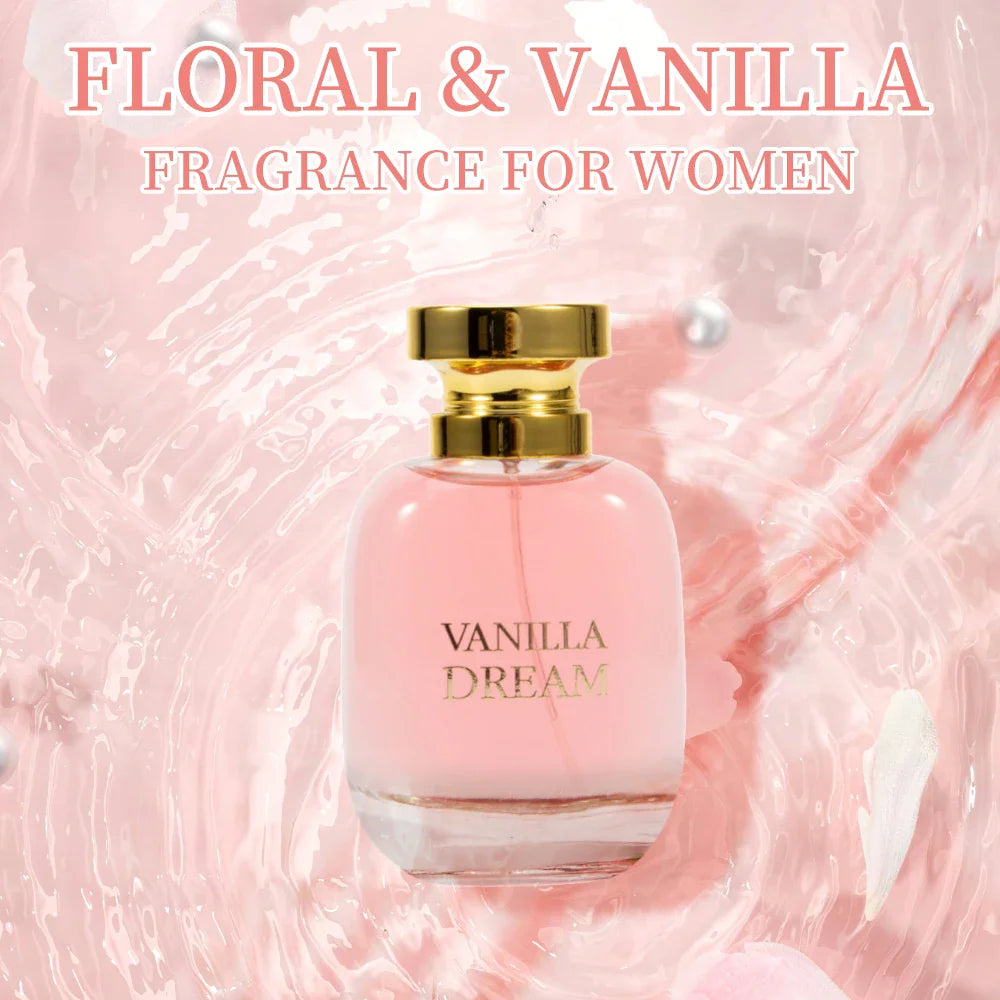 Vanilla Dream floral and vanilla eau de parfum for women in a glass bottle with gold cap against an abstract pink background