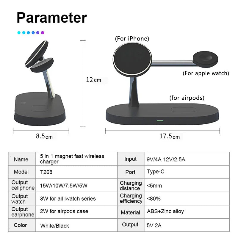 Specifications table and dimensional diagram for a 3-in-1 magnetic charging station.