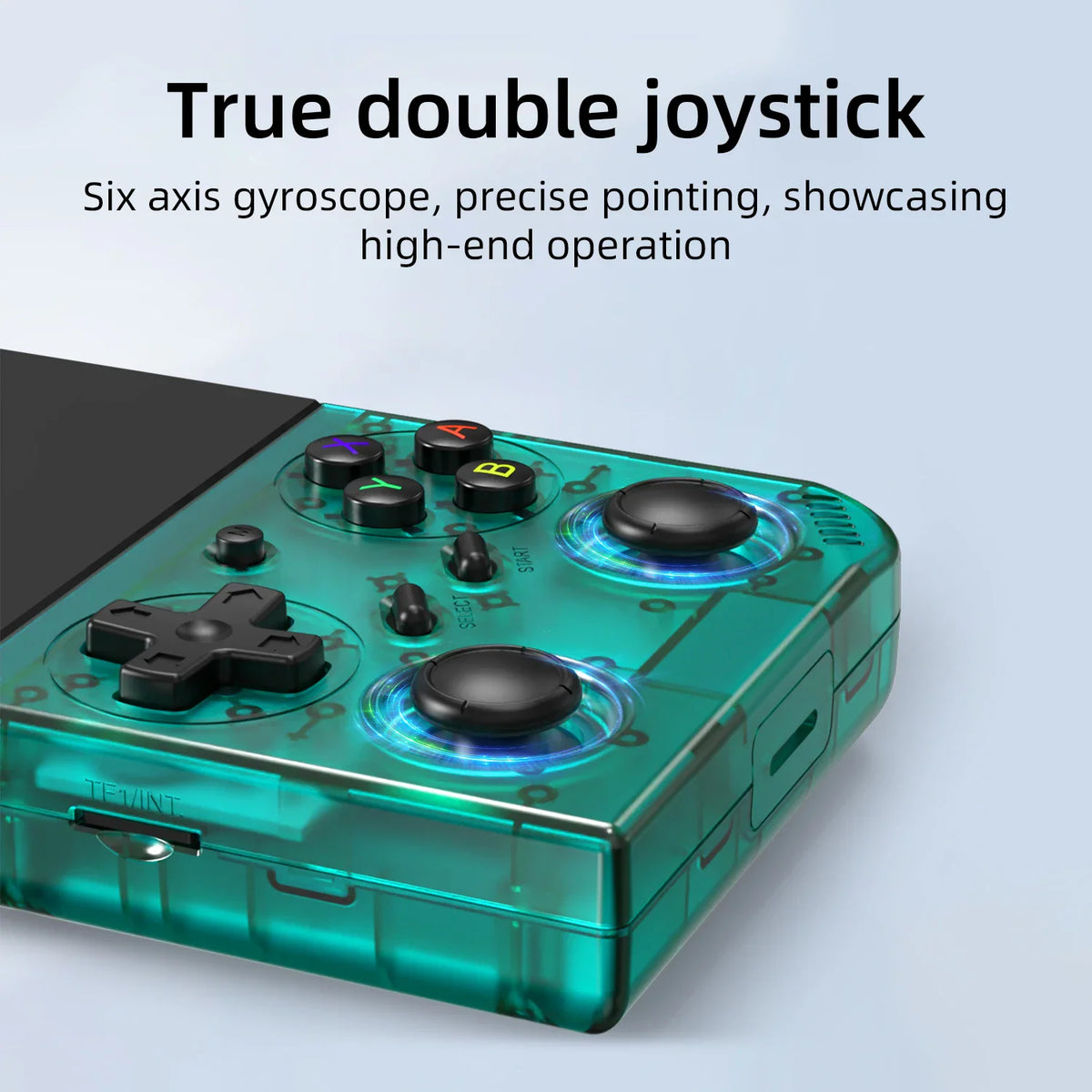 Close up view of the analog joystick and control buttons on a transparent green retro handheld console