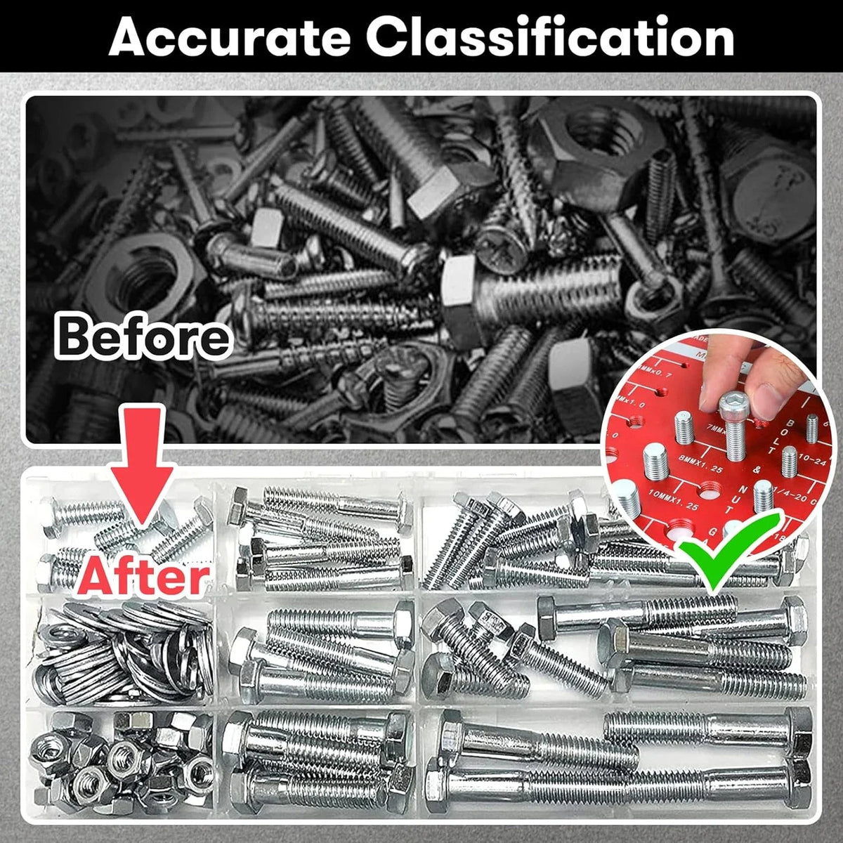 Before and after demonstration of using a red metal thread checker to organize bolts
