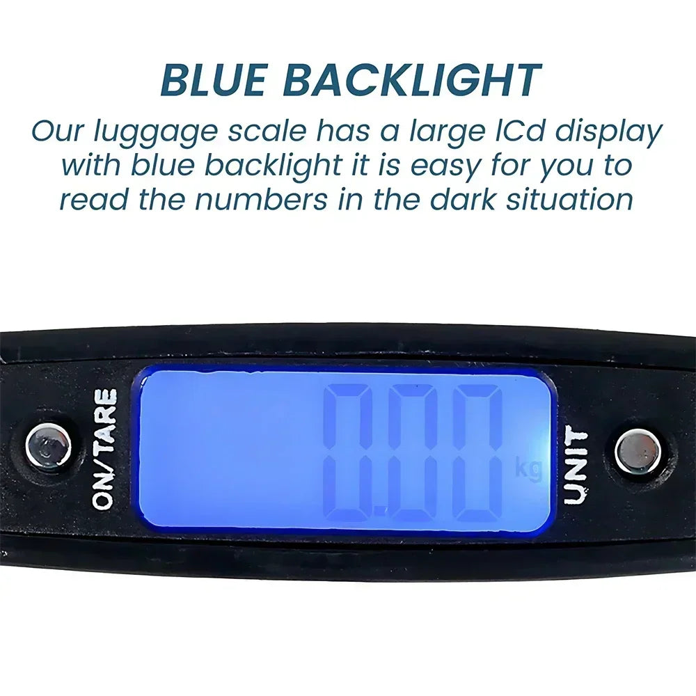 A close-up of a digital luggage scale display with a blue backlight.