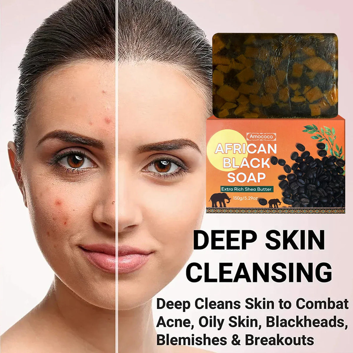 Before and after comparison of a person's skin with a bar of African black soap and packaging