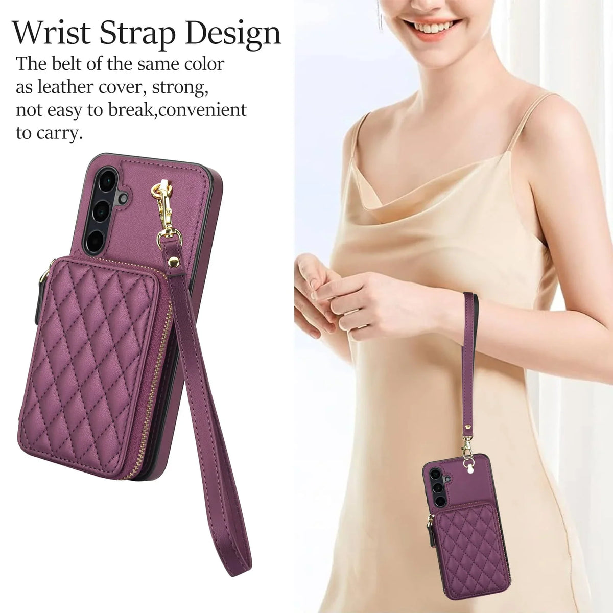 Purple quilted wallet phone case with wrist strap worn by a person