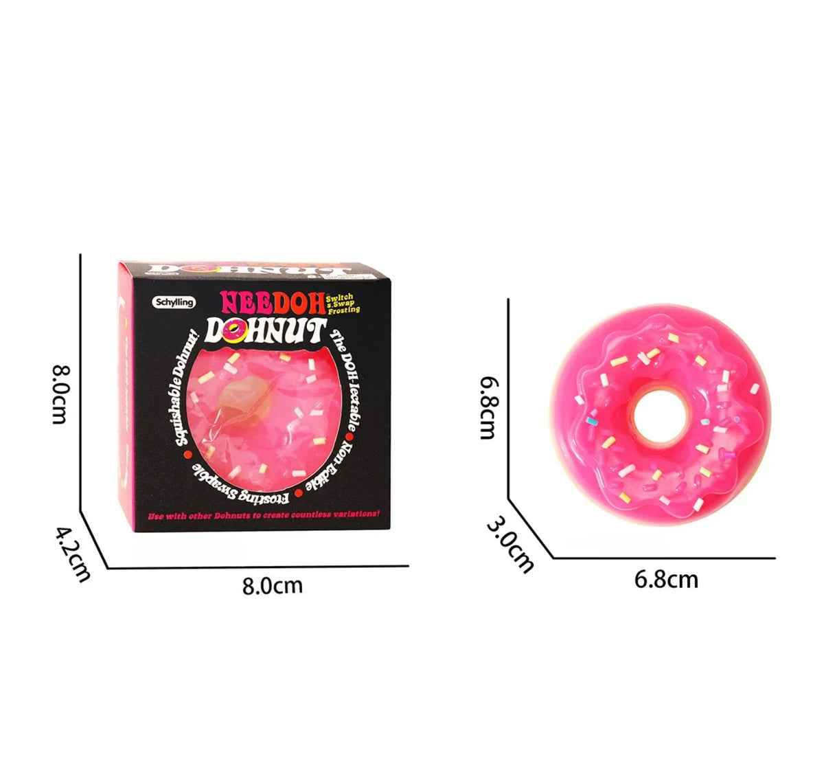 A display showing dimensions of a pink squishy donut toy and its packaging box.