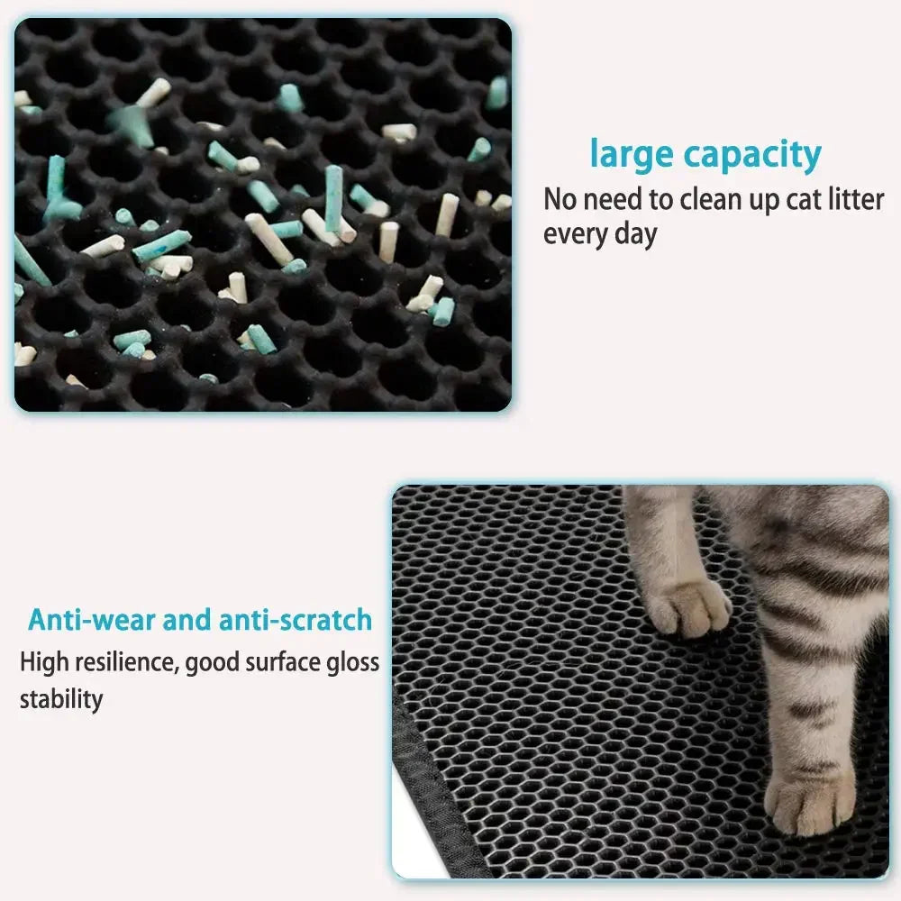 Close-up features of a black honeycomb cat litter mat including large capacity and anti-scratch material.