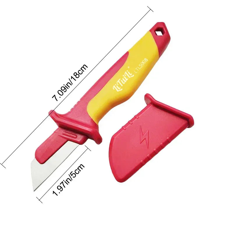 Electrician knife with yellow and red handle and protective cover showing dimension lines