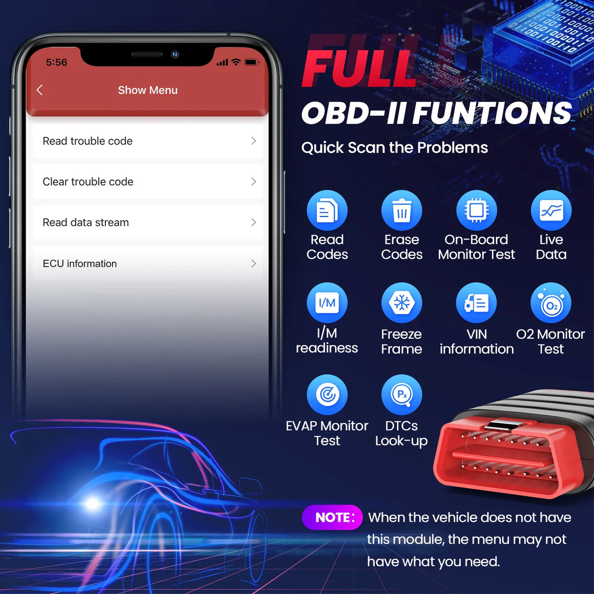 Mobile phone showing OBD2 diagnostic scanner features and error code functions.
