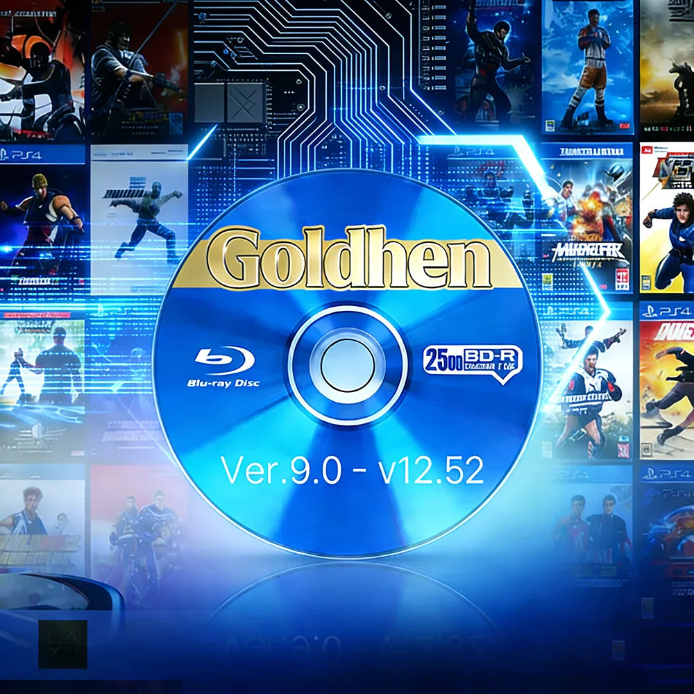 Blue ray disc with jailbreak software overlaid on a digital mosaic of various video game cover art