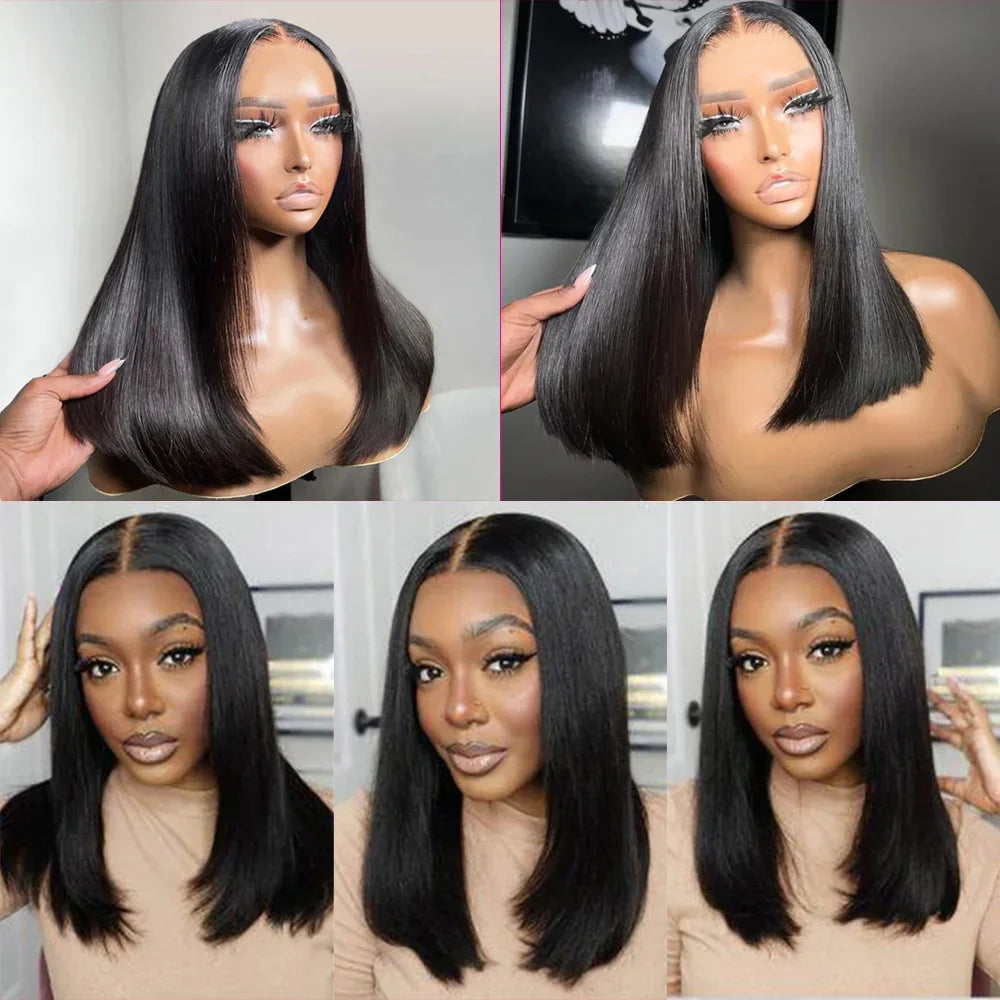Model wearing a straight black bob wig and a mannequin head display