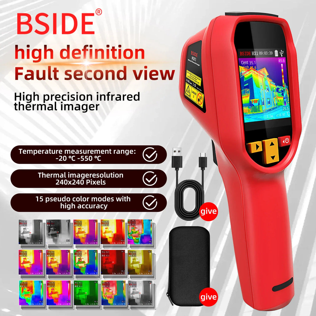Red thermal imaging camera with USB cable, carrying case, and examples of various thermal color modes.