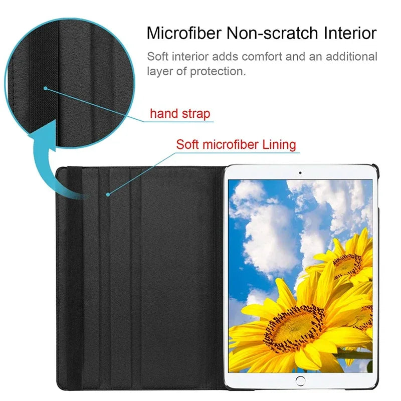 Inside view of a black tablet folio case showing microfiber lining and hand strap feature.