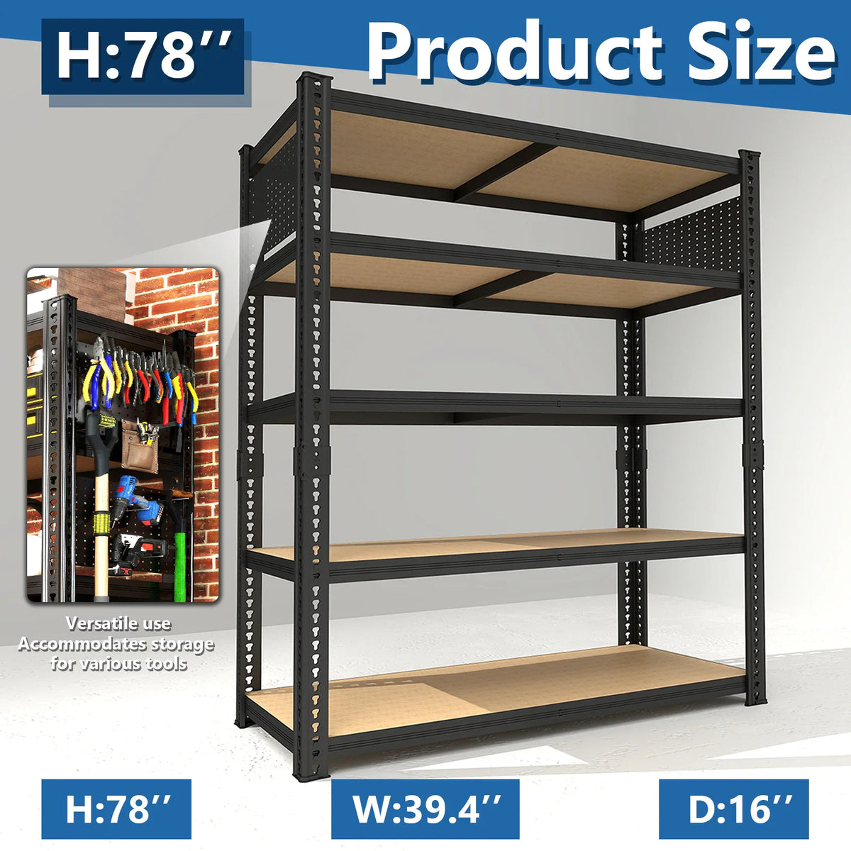 A black 5-tier heavy-duty storage shelving unit with dimensions and tool storage demonstration.