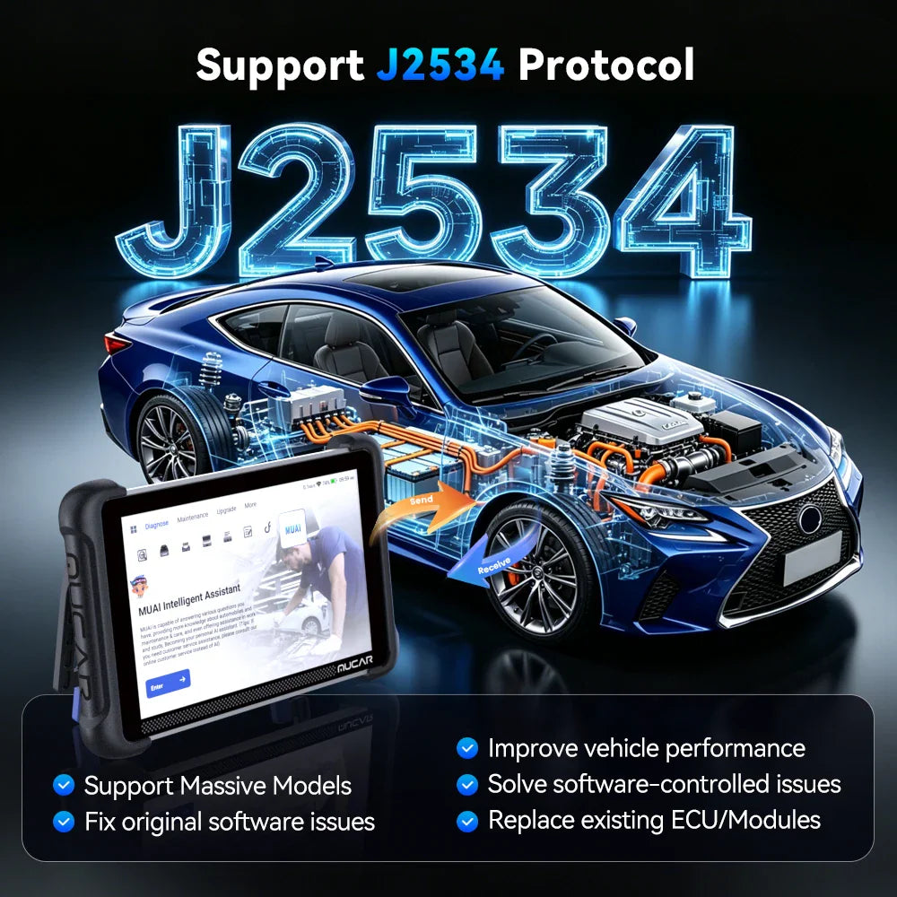 Automotive diagnostic tablet showcasing J2534 protocol compatibility with car engine diagnostics
