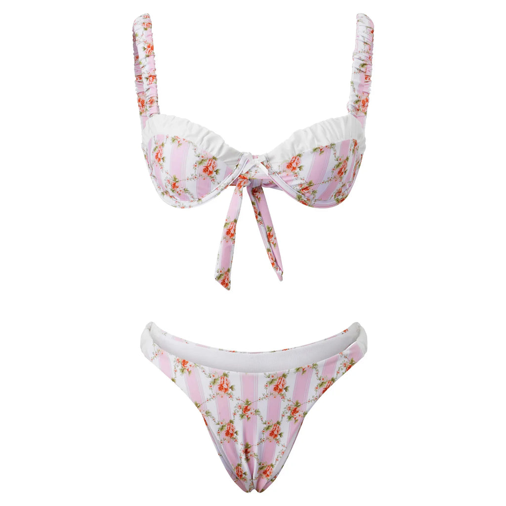Bikini set with floral and striped print including a ruffled underwire top and high-cut bottom