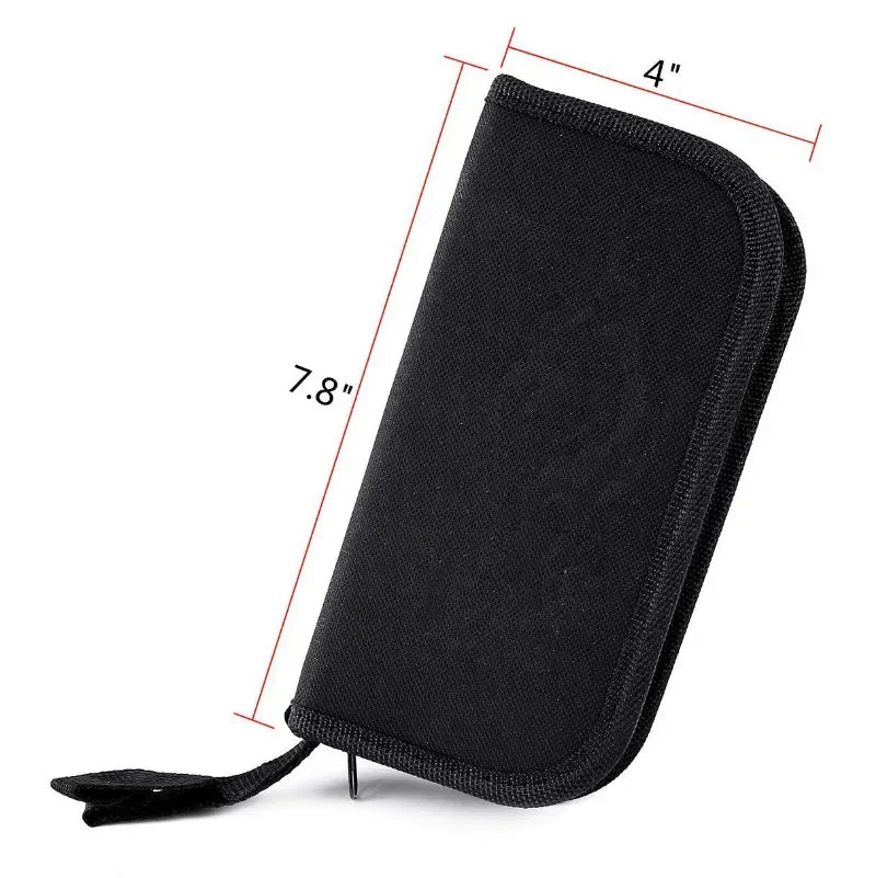 A black zippered tool bag for watch maintenance with its dimensions labeled in inches
