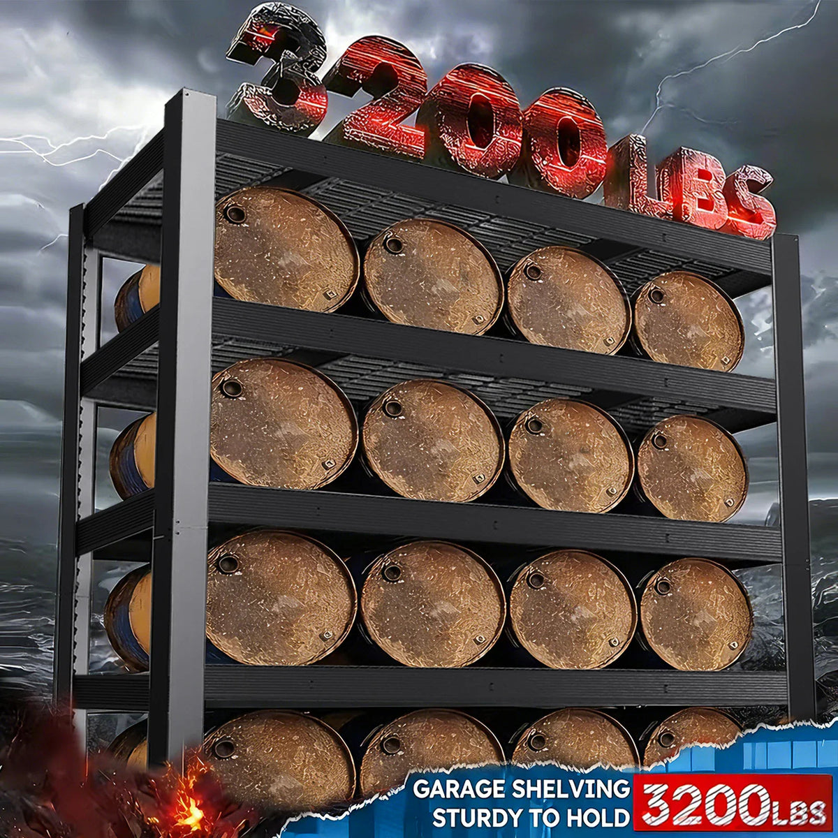 Heavy duty metal storage rack holding barrels with weight capacity text overlay