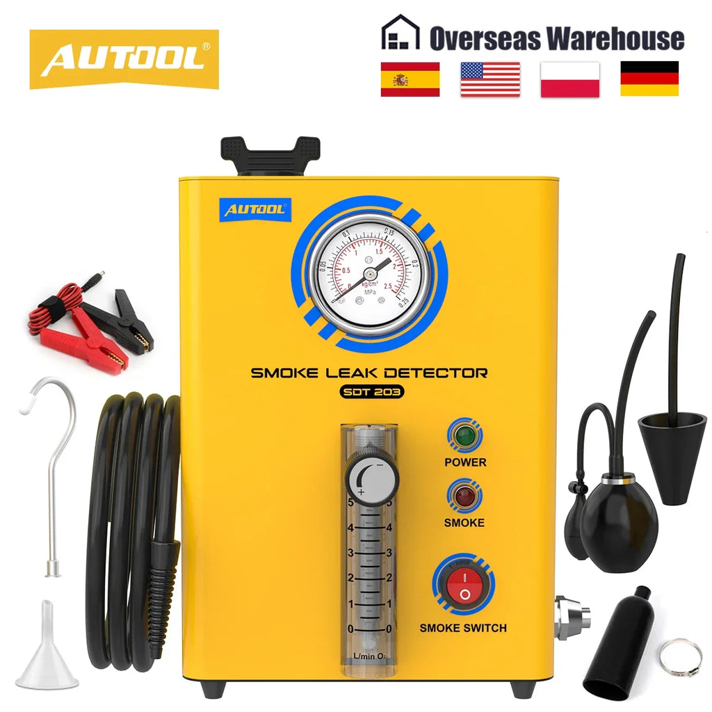 Yellow car smoke leak detector with accessories, gauge, and smoke output nozzle.