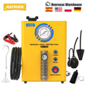 Yellow car smoke leak detector with accessories, gauge, and smoke output nozzle.