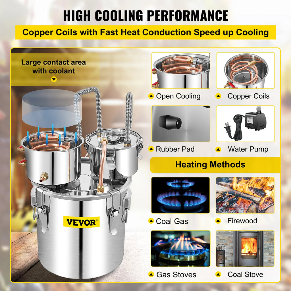 High cooling performance diagram for stainless steel alcohol distiller with heating method examples.
