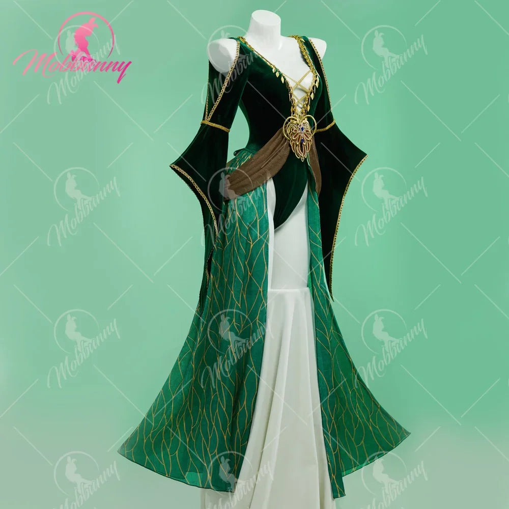 Green velvet medieval style bodysuit with golden leaf trim and decorative pendant