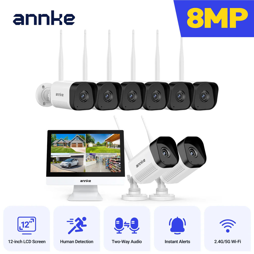 Wireless security camera system with six bullet cameras, one LCD monitor, and technical feature icons