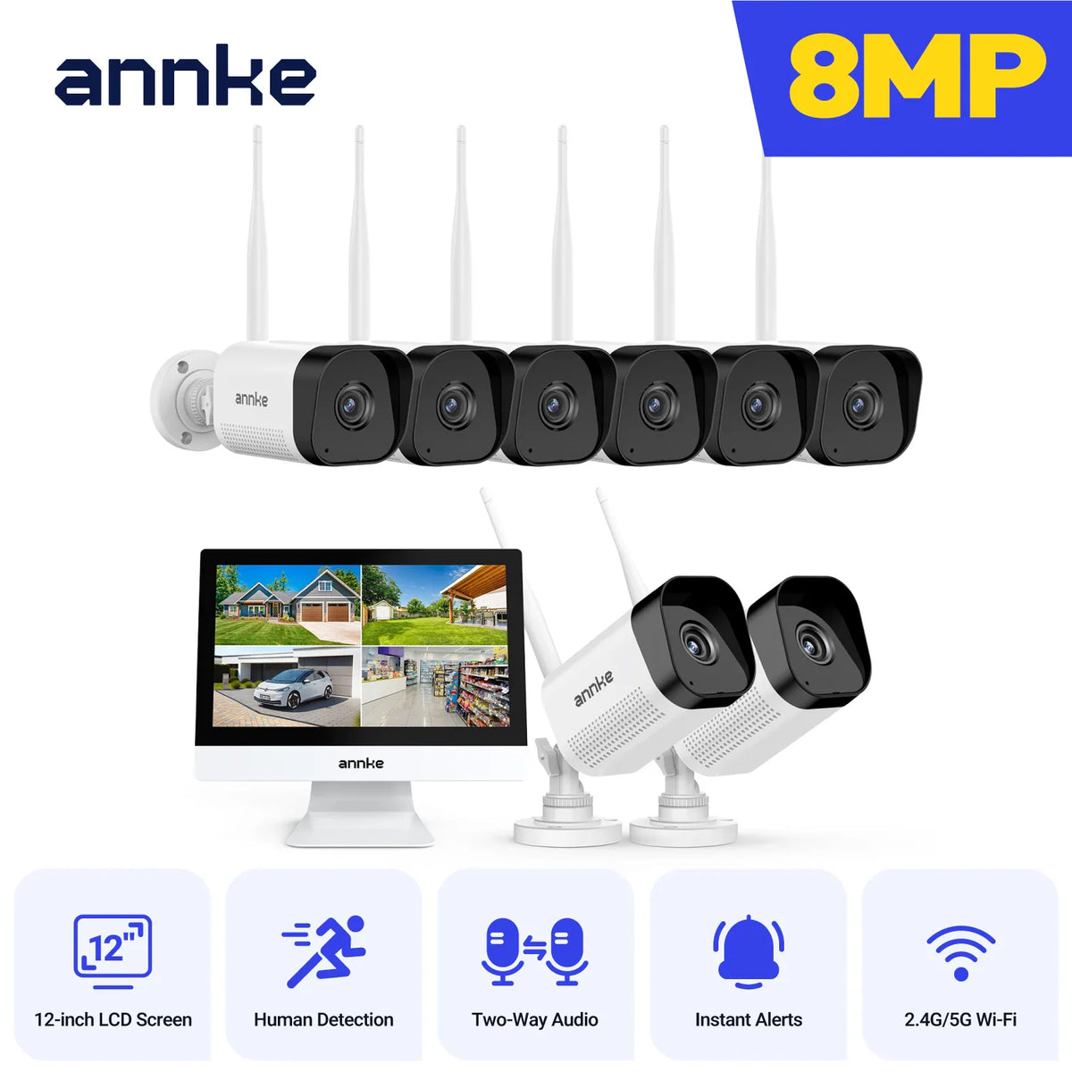 Wireless security camera system with six bullet cameras, one LCD monitor, and technical feature icons
