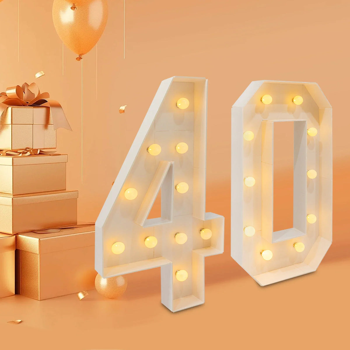 White light-up number 40 standing in a room with gift boxes and a balloon